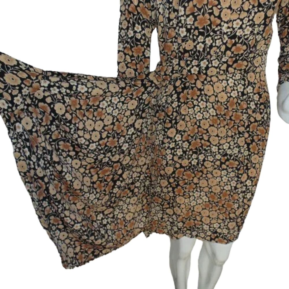LIZ CLAIBORNE Dress, 8, Black/Tan Floral, Faux Wrap Skirt, Shoulder pads, VTG - Picture 3 of 13